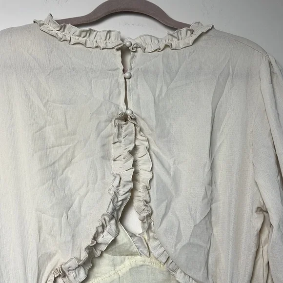 Beige Deep V Neck Ruffle Long Sleeve Floral Print Mini Dress Size XL - Picture 10 of 13